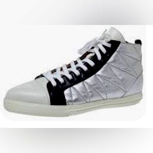 Miu Miu Leather Quilted High Top Sneakers 36.5 Silver Metallic Streetwear Retro